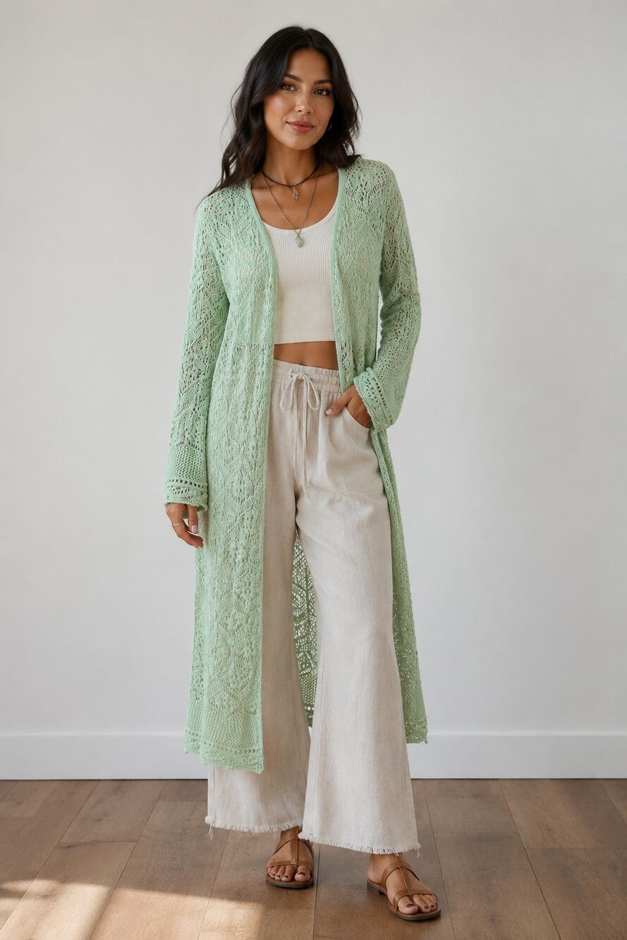 Freshman 1996 Duster Cardigan S Mint Sage Crochet Pointelle Knit Boho Maxi